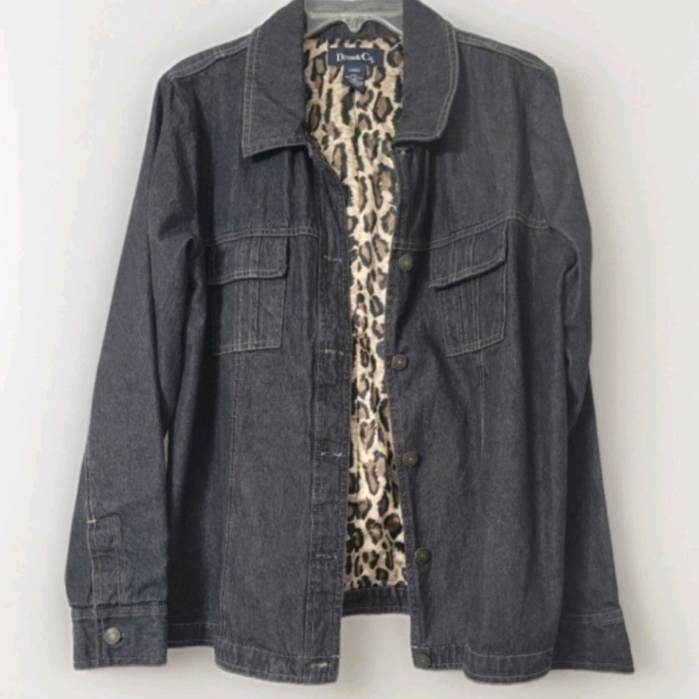 Denim & Co. Black Jean Jacket Leopard Lining Size Large